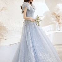 Blue tulle long A line prom dress blue evening dress - Thumbnail 2