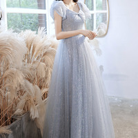 Blue tulle long A line prom dress blue evening dress - Thumbnail 3