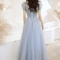 Blue tulle long A line prom dress blue evening dress - Thumbnail 4