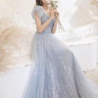 Blue tulle long A line prom dress blue evening dress - Thumbnail 5