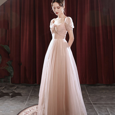 Pink tulle long prom dress a line evening dress - Thumbnail 2