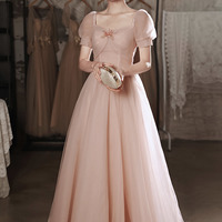 Pink tulle long prom dress A line evening dress - Thumbnail 2