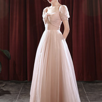 Pink tulle long prom dress A line evening dress - Thumbnail 4