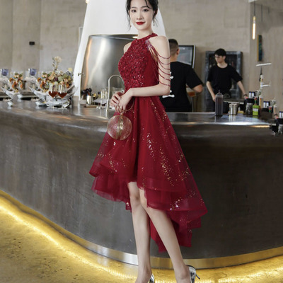 Burgundy tulle beads high low prom dress homecoming dress - Thumbnail 1