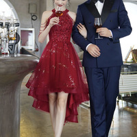 Burgundy tulle beads high low prom dress homecoming dress - Thumbnail 3