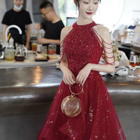 Burgundy tulle beads high low prom dress homecoming dress - Thumbnail 4