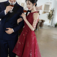 Burgundy tulle beads high low prom dress homecoming dress - Thumbnail 5