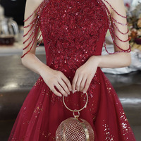 Burgundy tulle beads high low prom dress homecoming dress - Thumbnail 1