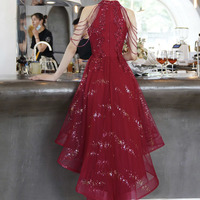 Burgundy tulle beads high low prom dress homecoming dress - Thumbnail 7