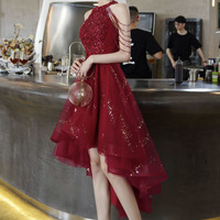 Burgundy tulle beads high low prom dress homecoming dress - Thumbnail 8