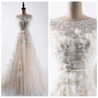 Exquisite Jewel Neck Floral Wedding Dresses with 3D Flowers Decoration Capped Sleeve Champagne Wedding Dresses Lace Beach Wedding Dress，1428 - Thumbnail 1
