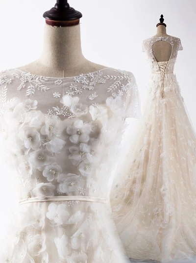 Exquisite Jewel Neck Floral Wedding Dresses with 3D Flowers Decoration Capped Sleeve Champagne Wedding Dresses Lace Beach Wedding Dress，1428