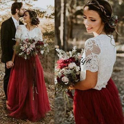 Cheap Burgundy Tulle Country Wedding Dresses A Line Short Sleeves Lace Bridal Gowns Plus Size Two Pieces Dress，1436