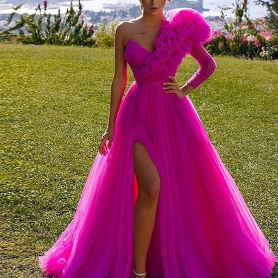 Elegant evening dresses one sleeve v-neck arabic dubai formal gowns leg slit evening gowns,formal dress，1439