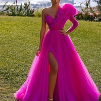 Elegant Evening Dresses One Sleeve V-neck Arabic Dubai Formal Gowns Leg Slit Evening Gowns,Formal Dress，1439 - Thumbnail 2