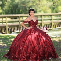 Princess Ball Gown Burgundy Quinceanera Dresses Corset Back Off the Shoulder Prom Dress，1440 - Thumbnail 1