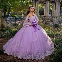 Princess Lavender Quinceanera Dresses V Neck Lace Up Ball Gown Sweet 16 Dress Lace Long Sleeves Prom Gown，1441 - Thumbnail 1