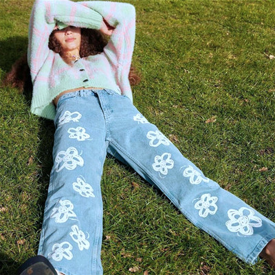 Y2K HAND DRAWING FLOWER JEANS