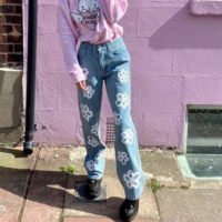 Y2K HAND DRAWING FLOWER JEANS - Thumbnail 3