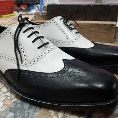 Luxury men's hand stitch white black wingtip shoes, oxfords leather lace up shoes - Thumbnail 3