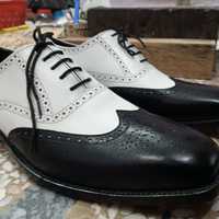 Luxury Men's Hand Stitch White Black Wingtip Shoes, Oxfords Leather Lace Up Shoes - Thumbnail 1