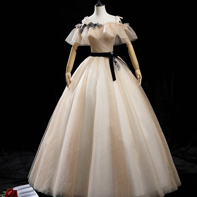 Champagne a-line tulle sparkly long ball ggown - Thumbnail 1