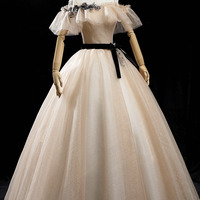 Champagne A-line Tulle Sparkly Long Ball Ggown - Thumbnail 2