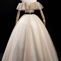 Champagne A-line Tulle Sparkly Long Ball Ggown - Thumbnail 3