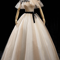 Champagne A-line Tulle Sparkly Long Ball Ggown - Thumbnail 4