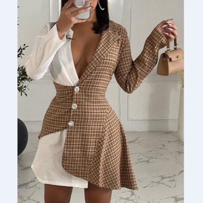 Long sleeve women v-neck check dress