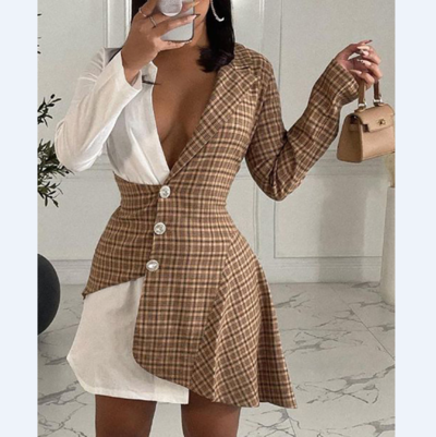 Long Sleeve Women V-Neck Check Dress