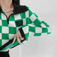 Checkboard Color Block Long Sleeve Polo Knitted Sweater - Thumbnail 4