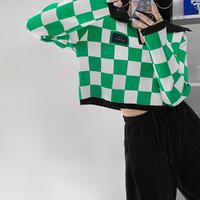 Checkboard Color Block Long Sleeve Polo Knitted Sweater - Thumbnail 5