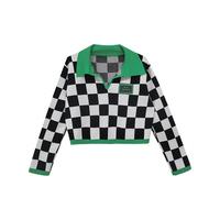 Checkboard Color Block Long Sleeve Polo Knitted Sweater - Thumbnail 3