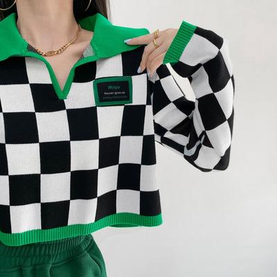 Checkboard color block long sleeve polo knitted sweater
