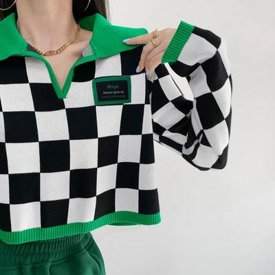 Checkboard Color Block Long Sleeve Polo Knitted Sweater