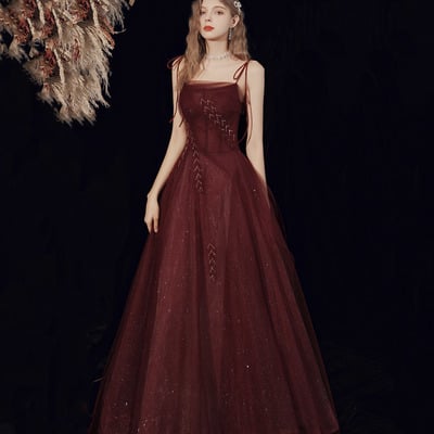 Burgundy a-line tulle sparkly long prom dress - Thumbnail 1