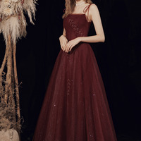 Burgundy A-line Tulle Sparkly Long Prom Dress - Thumbnail 2