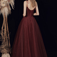 Burgundy A-line Tulle Sparkly Long Prom Dress - Thumbnail 4