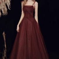 Burgundy A-line Tulle Sparkly Long Prom Dress - Thumbnail 5