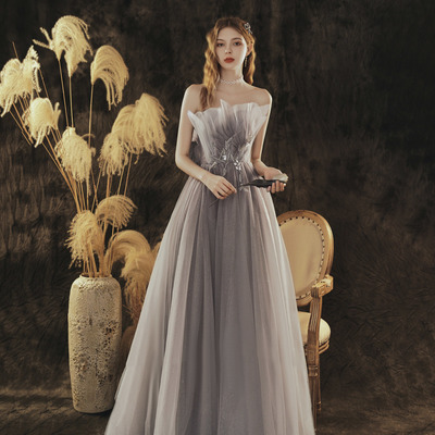 Grey shoulderless a-line long prom dress - Thumbnail 2