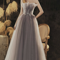 Grey Shoulderless A-line Long Prom Dress - Thumbnail 1