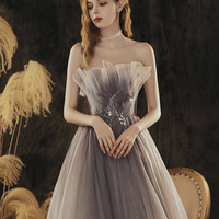 Grey Shoulderless A-line Long Prom Dress - Thumbnail 4