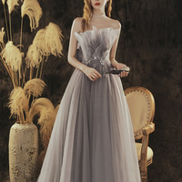 Grey Shoulderless A-line Long Prom Dress - Thumbnail 6