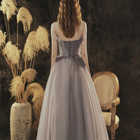 Grey Shoulderless A-line Long Prom Dress - Thumbnail 5