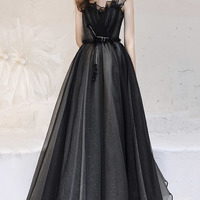A-Line Black tulle Spaghetti Straps Long Prom Dress  - Thumbnail 3