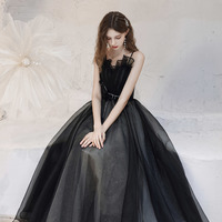 A-Line Black tulle Spaghetti Straps Long Prom Dress  - Thumbnail 4
