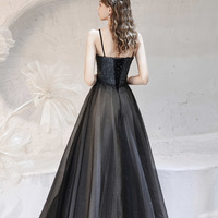 A-Line Black tulle Spaghetti Straps Long Prom Dress  - Thumbnail 5