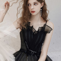 A-Line Black tulle Spaghetti Straps Long Prom Dress  - Thumbnail 2