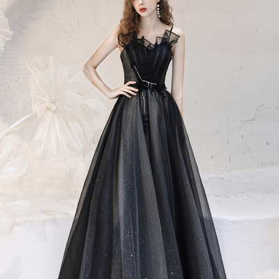 A-line black tulle spaghetti straps long prom dress  - Thumbnail 1